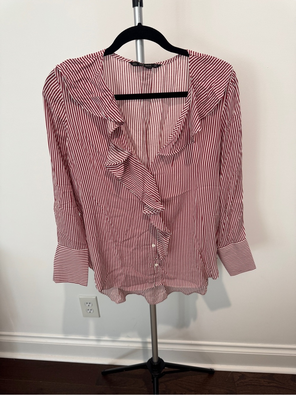 Zara Red and White Striped Ruffle Blouse